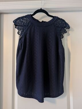 Navy Eyelet Lace Sleeve Shell Top